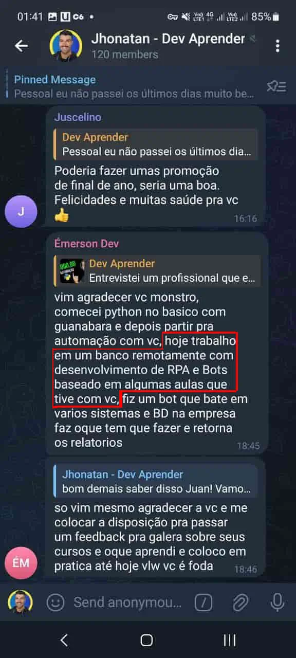 Depoimento de aluno