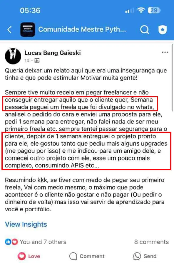 Depoimento de aluno